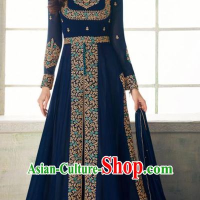 Indian Traditional Festival Embroidered Navy Anarkali Dress Asian India National Court Bollywood Costumes for Women