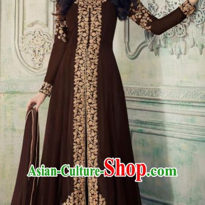 Indian Traditional Festival Embroidered Brown Anarkali Dress Asian India National Court Bollywood Costumes for Women