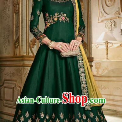 Indian Traditional Festival Deep Green Anarkali Dress Asian India National Court Bollywood Costumes for Women