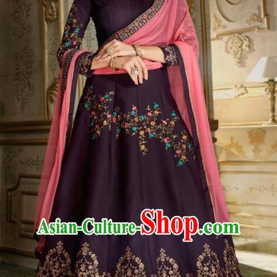 Indian Traditional Festival Deep Purple Anarkali Dress Asian India National Court Bollywood Costumes for Women