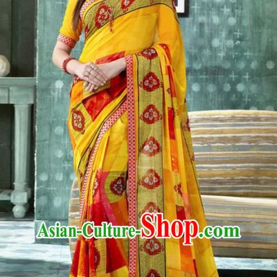 Indian Traditional Bollywood Printing Sari Yellow Dress Asian India National Festival Costumes for Women