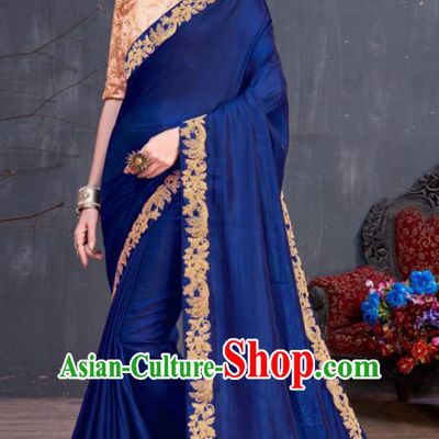 Indian Traditional Festival Royalblue Silk Sari Dress Asian India National Court Bollywood Costumes for Women