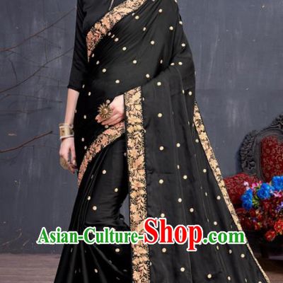 Indian Traditional Festival Black Silk Sari Dress Asian India National Court Bollywood Costumes for Women
