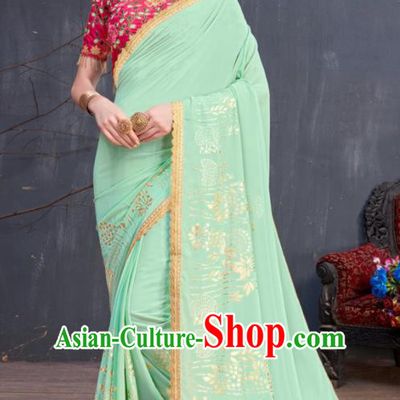 Indian Traditional Festival Light Green Silk Sari Dress Asian India National Court Bollywood Costumes for Women