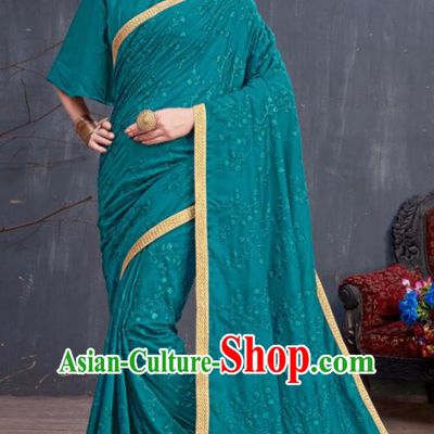 Indian Traditional Festival Lake Blue Sari Dress Asian India National Court Bollywood Costumes for Women