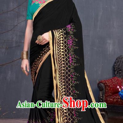 Indian Traditional Festival Black Georgette Sari Dress Asian India National Court Bollywood Costumes for Women