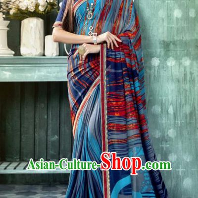 Indian Traditional Bollywood Printing Sari Blue Dress Asian India National Festival Costumes for Women
