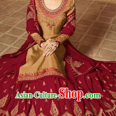 Asian Indian Embroidered Khaki Satin Blouse and Wine Red Skirt India Traditional Lehenga Choli Costumes Complete Set for Women