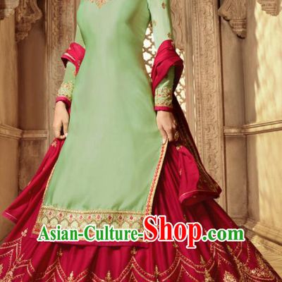 Asian Indian Embroidered Green Satin Blouse and Red Skirt India Traditional Lehenga Choli Costumes Complete Set for Women
