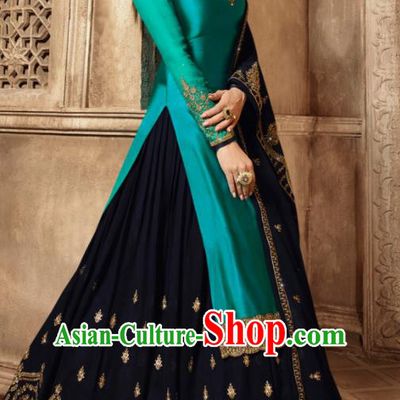 Asian Indian Embroidered Peacock Green Satin Blouse and Navy Skirt India Traditional Lehenga Choli Costumes Complete Set for Women