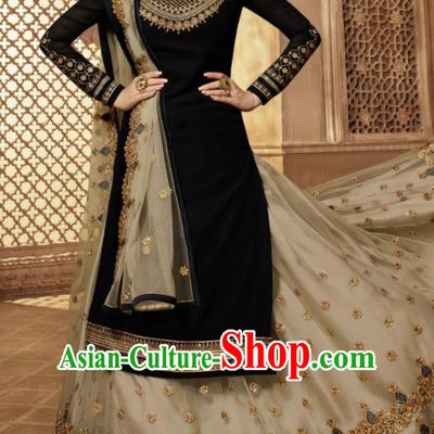 Asian Indian Embroidered Black Satin Blouse and Apricot Skirt India Traditional Lehenga Choli Costumes Complete Set for Women