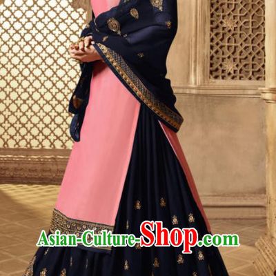 Asian Indian Embroidered Pink Satin Blouse and Navy Skirt India Traditional Lehenga Choli Costumes Complete Set for Women