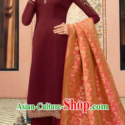 Indian Traditional Embroidered Wine Red Satin Blouse and Loose Pants India Punjabis Lehenga Choli Costumes Complete Set for Women