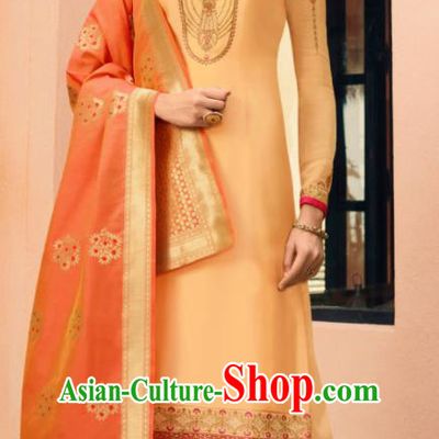 Indian Traditional Embroidered Apricot Satin Blouse and Loose Pants India Punjabis Lehenga Choli Costumes Complete Set for Women