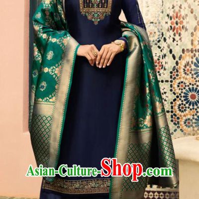 Indian Traditional Embroidered Navy Satin Blouse and Loose Pants India Punjabis Lehenga Choli Costumes Complete Set for Women