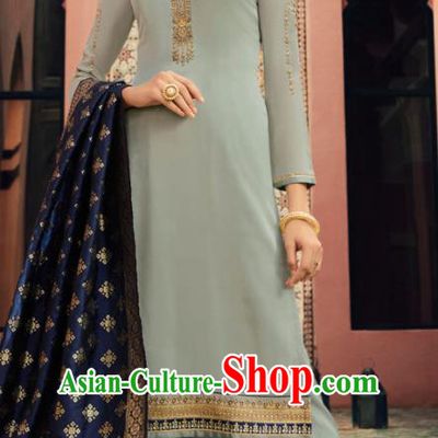 Indian Traditional Embroidered Light Blue Satin Blouse and Loose Pants India Punjabis Lehenga Choli Costumes Complete Set for Women