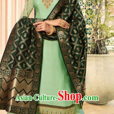 Indian Traditional Embroidered Light Green Satin Blouse and Loose Pants India Punjabis Lehenga Choli Costumes Complete Set for Women