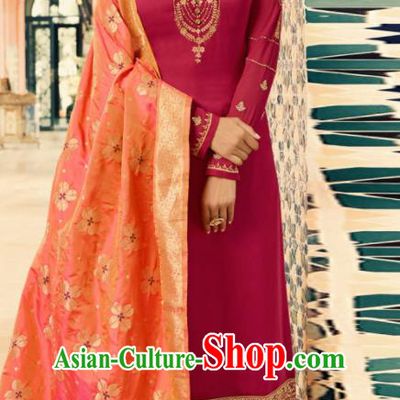 Indian Traditional Embroidered Wine Red Satin Blouse and Loose Pants India Punjabis Lehenga Choli Costumes Complete Set for Women