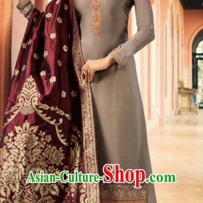 Indian Traditional Embroidered Grey Satin Blouse and Loose Pants India Punjabis Lehenga Choli Costumes Complete Set for Women