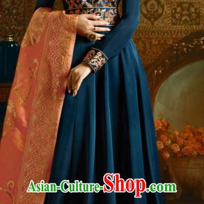 Indian Traditional Festival Navy Satin Anarkali Dress Asian India National Court Bollywood Costumes for Women