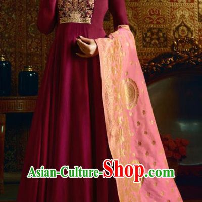 Indian Traditional Festival Rosy Satin Anarkali Dress Asian India National Court Bollywood Costumes for Women