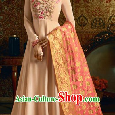 Indian Traditional Festival Apricot Satin Anarkali Dress Asian India National Court Bollywood Costumes for Women