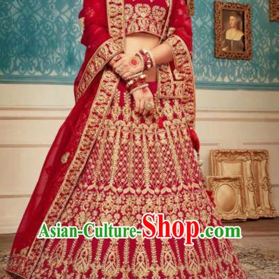 Indian Traditional Wedding Bride Lehenga Embroidered Red Dress Asian India National Court Bollywood Costumes for Women