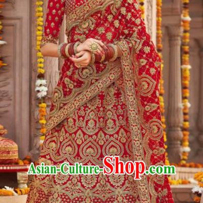Indian Traditional Court Wedding Bride Lehenga Red Embroidered Dress Asian India National Bollywood Costumes for Women