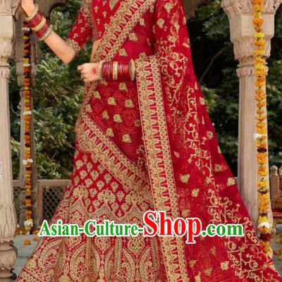 Indian Traditional Wedding Lehenga Court Bride Red Embroidered Dress Asian India National Bollywood Costumes for Women