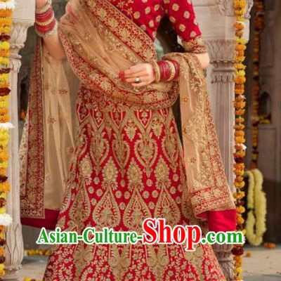 Traditional Indian Wedding Lehenga Court Bride Red Embroidered Dress Asian India National Bollywood Costumes for Women