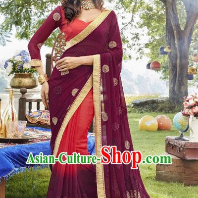 Traditional Indian Embroidered Purple Georgette Sari Dress Asian India National Bollywood Costumes for Women