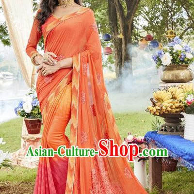 Traditional Indian Embroidered Orange Georgette Sari Dress Asian India National Bollywood Costumes for Women