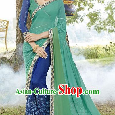 Traditional Indian Embroidered Royalblue and Green Georgette Sari Dress Asian India National Bollywood Costumes for Women