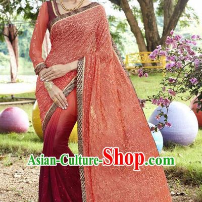 Traditional Indian Embroidered Wine Red and Pink Georgette Sari Dress Asian India National Bollywood Costumes for Women