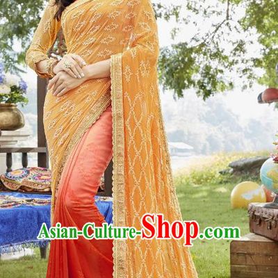 Traditional Indian Embroidered Orange and Red Georgette Sari Dress Asian India National Bollywood Costumes for Women