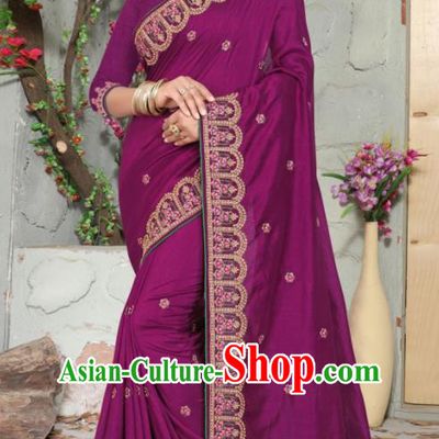 Traditional Indian Embroidered Purple Silk Sari Dress Asian India National Bollywood Costumes for Women