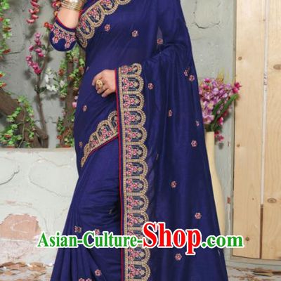 Traditional Indian Embroidered Navy Silk Sari Dress Asian India National Bollywood Costumes for Women