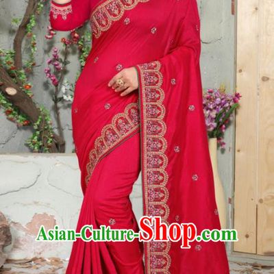 Traditional Indian Embroidered Red Silk Sari Dress Asian India National Bollywood Costumes for Women