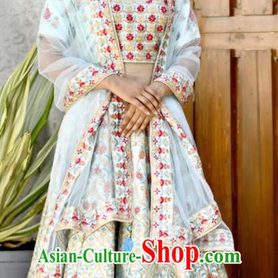 Traditional Indian Embroidered Lehenga Light Blue Satin Dress Asian India National Bollywood Costumes for Women