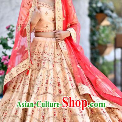 Traditional Indian Embroidered Lehenga Apricot Satin Dress Asian India National Bollywood Costumes for Women