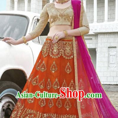 Traditional Indian Embroidered Lehenga Orange Dress Asian India National Bollywood Costumes for Women