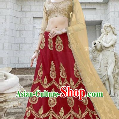 Traditional Indian Embroidered Lehenga Wine Red Dress Asian India National Bollywood Costumes for Women
