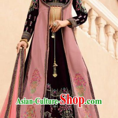 Traditional Indian Embroidered Lehenga Purple Velvet Dress Asian India National Bollywood Costumes for Women