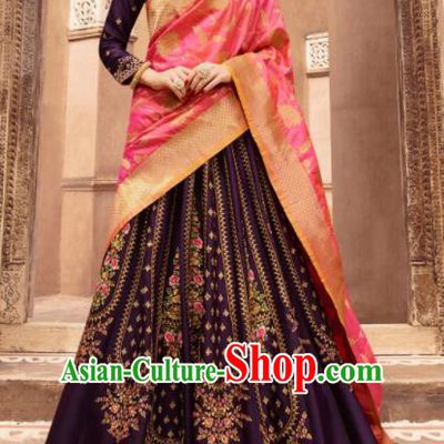 Traditional Indian Embroidered Lehenga Deep Purple Silk Dress Asian India National Bollywood Costumes for Women