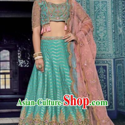 Traditional Indian Embroidered Lehenga Light Blue Silk Dress Asian India National Bollywood Costumes for Women