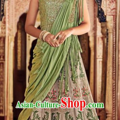 Traditional Indian Embroidered Lehenga Grey Silk Dress Asian India National Bollywood Costumes for Women