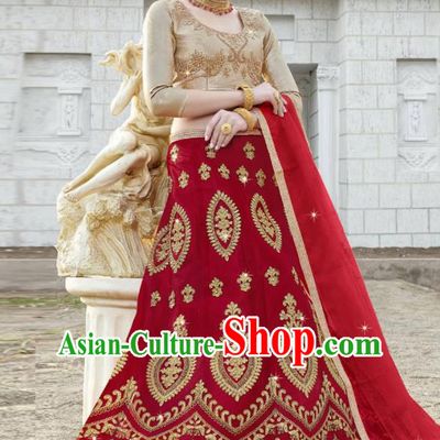 Traditional Indian Embroidered Lehenga Red Dress Asian India National Bollywood Costumes for Women
