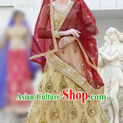 Traditional Indian Embroidered Lehenga Light Golden Dress Asian India National Bollywood Costumes for Women
