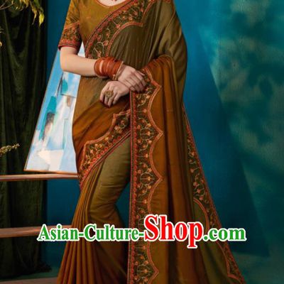 Traditional Indian Sari Embroidered Olive Green and Brown Silk Dress Asian India National Bollywood Costumes for Women