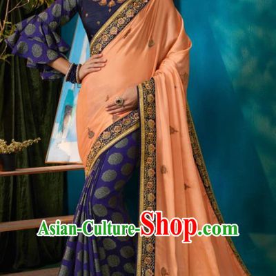 Traditional Indian Sari Embroidered Purple and Orange Silk Dress Asian India National Bollywood Costumes for Women